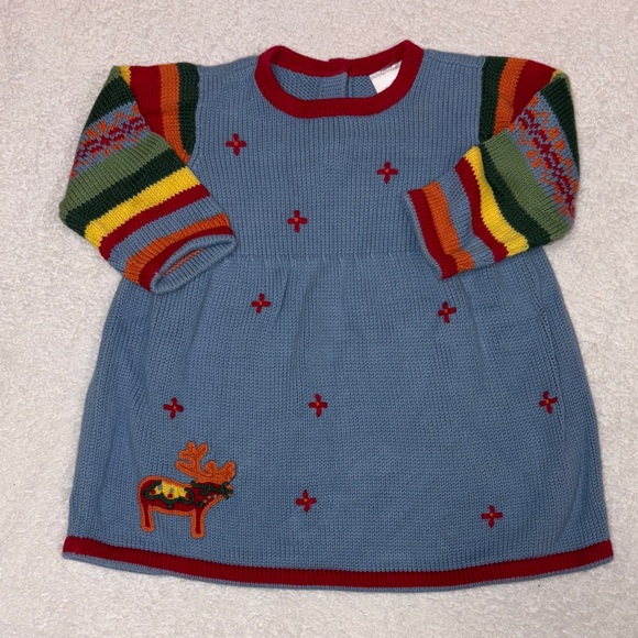 Hanna Andersson Red and Blue Knit sweater dress reindeer elk 6/12m - Picture 1 of 7